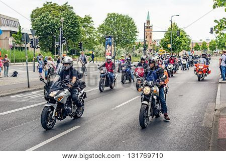 Berlin, Germany - May 28, 2016: Motorcycle parade in Berlin against violance. Motocycle demonstration on Potsdamer platz in Berlin