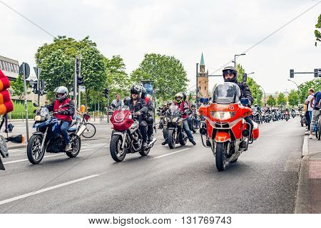 Berlin, Germany - May 28, 2016: Motorcycle parade in Berlin against violance. Motocycle demonstration on Potsdamer platz in Berlin