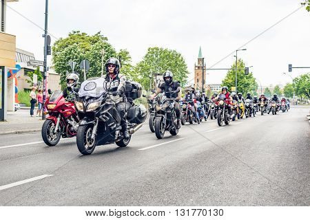Berlin, Germany - May 28, 2016: Motorcycle parade in Berlin against violance. Motocycle demonstration on Potsdamer platz in Berlin