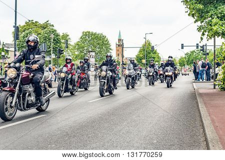 Berlin, Germany - May 28, 2016: Motorcycle parade in Berlin against violance. Motocycle demonstration on Potsdamer platz in Berlin