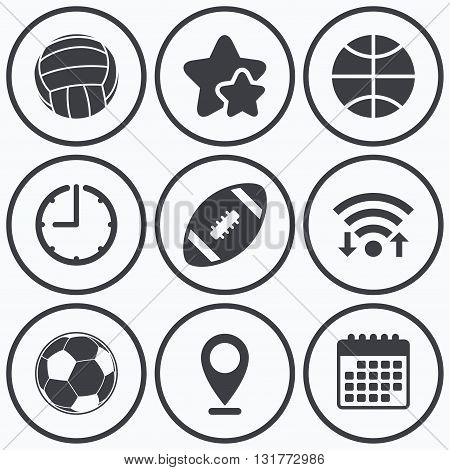 Clock, wifi and stars icons. Sport balls icons. Volleyball, Basketball, Soccer and American football signs. Team sport games. Calendar symbol.