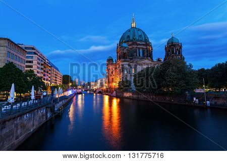 Berlin Germany - May 16 2016: night view of Berlin Cathedral. The current building was finished in 1905 and is a main work of Historicist architecture of the Imperial Era