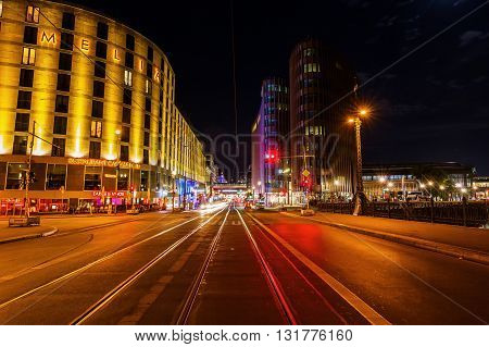 Berlin Germany - May 16 2016: night view of Friedrichstrasse in Berlin. The Friedrichstrasse is a major culture and shopping street in central Berlin.
