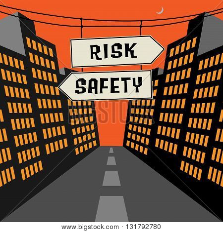 Road sign with opposite arrows and text Risk - Safety, vector illustration