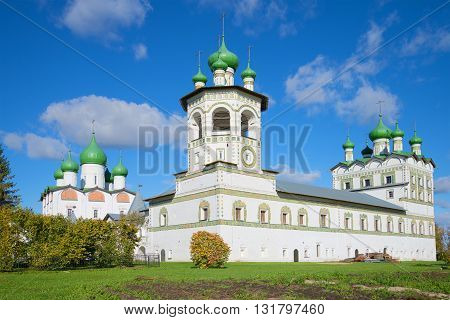 Bell Tower and the Church of St. John the Evangelist in Vyazhishchsky Monastery, sunny october afternoon. Novgorod region, Russia