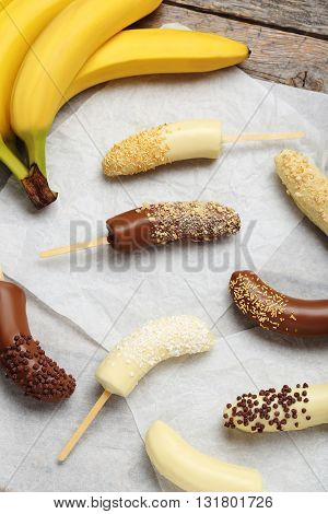 Banana Covered In Chocolate On A Pergament