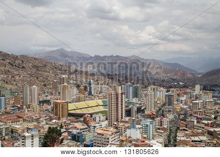 Aerial View of the city La Paz in Bolivia on a cloudy day.