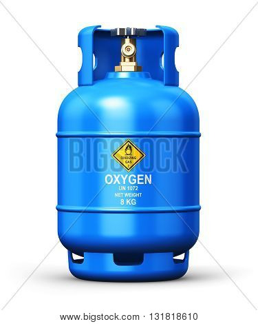 3D render illustration of blue metal steel liquefied compressed natural oxygen gas container or cylinder for welding or medical use with high pressure gauge meter isolated on white background