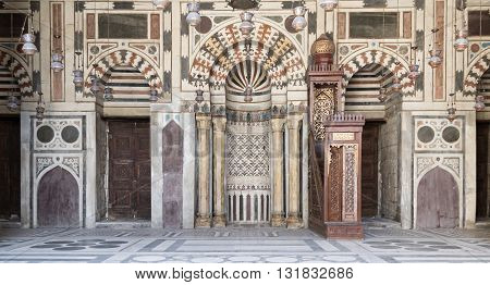Cairo, Egypt - September 1, 2012:  Interior Facade of Sultan Barquq Mosque a historic mosque located in Al Moez Street Cairo Egypt