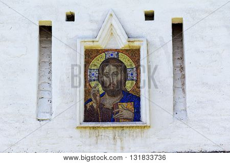 VOLOGDA, RUSSIA - MAY 29, 2013: The Spaso-Prilutsky Monastery. This is the mosaic icon of Christ outside the fortification's walls.