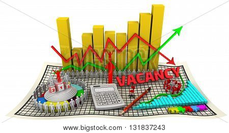 Change in unemployment. Golden charts with arrows of change data indicators electronic calculator a red pencil symbol of man round diagram red word vacancy on the sheet in a cage. The concept of change in the unemployment rate. Isolated. 3D Illustration