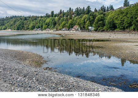 A view of the shoreline at low tide in Des Moines Washington.