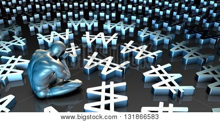 Weak Korean Won Currency or Weakening Finances and Man Crying 3d Illustration Render