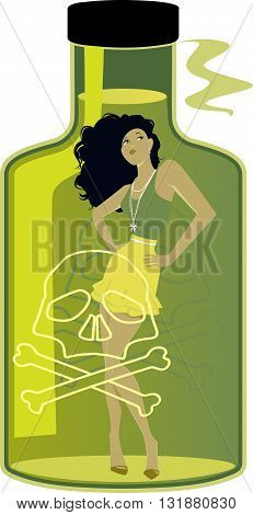 Toxic woman. An attractive woman inside a giant bottle with a skull as a metaphor for a toxic relationship.