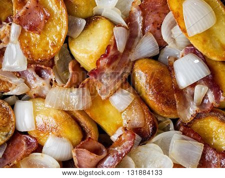 close up of rustic german home fries bratkartoffeln