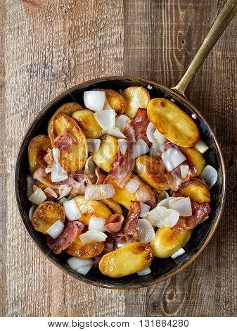close up of rustic german home fries bratkartoffeln