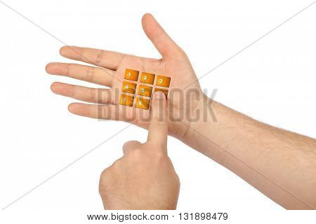 Hand with virtual phone buttons isolated on white background