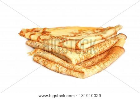 Triangular stack of pancakes on a white background