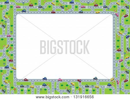 Funny frame or border of roads, grass areas and cars. Children vector illustration or background.