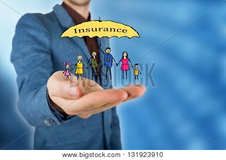 Family life insurance and proprety insurance protecting family family concepts.Man and woman hands making protection gesture.