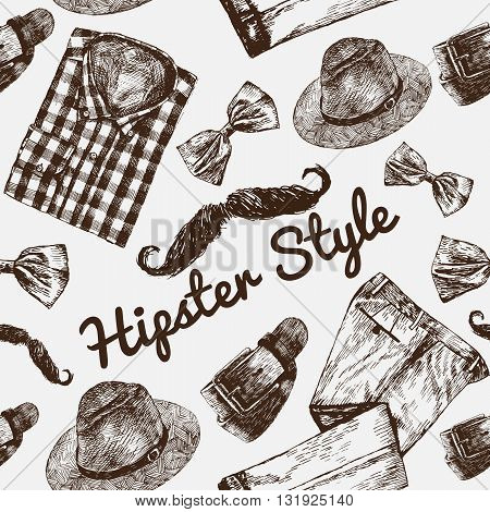 Vector Hipster Style Set #3. Hipster accessories in retro sepia style on white background. Seamless pattern.