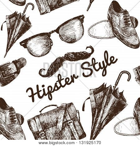 Vector Hipster Style Set #2. Hipster accessories in retro sepia style on white background. Seamless pattern.
