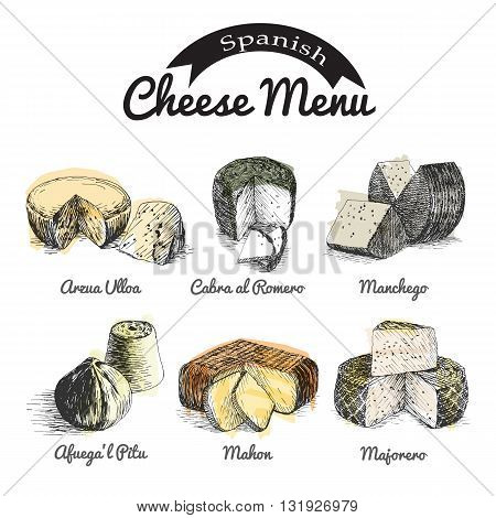 Vector illustrated Set #2 of Spanish Cheese Menu. Illustrative sorts of cheese from Spain