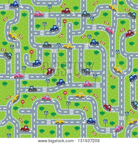 Seamless pattern or background or labyrinth with roads, cars and traffic signs. Children vector illustration.