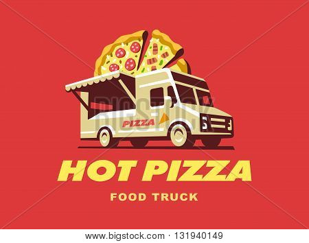 Food truck illustration, pizza sale, logo design