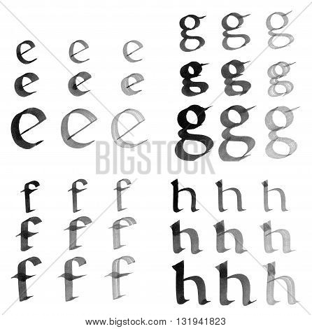 Letters e, f, g, h. Hand painted by black ink.
