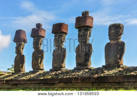 Moais On Anakena Beach In Easter Island, Chile