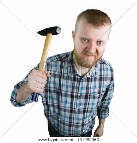 Irritable and angry man with a hammer