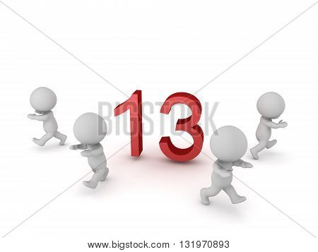 3D characters running away from the number 13. Isolated on white background.