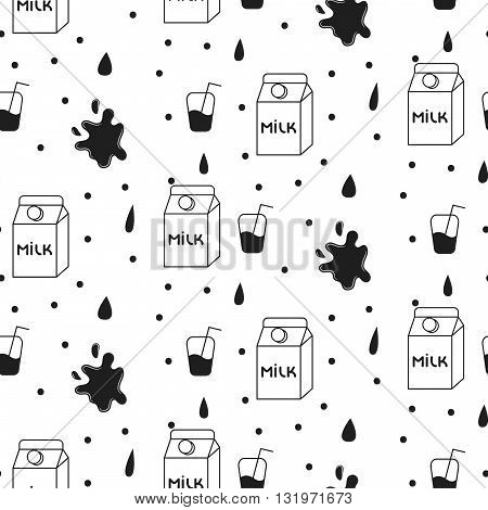 Milk and cookie seamless vector pattern. Dairy fun black and white pattern with milk carton box and milk splash drops on white.