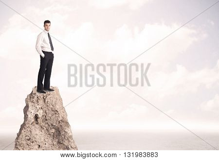 Successful sales person with brief case standing on top of a mountain cliff edge looking above the landscape between the clouds