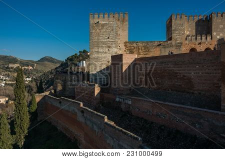 Walls And Tower Of Alcazaba, Citadel Of Alhambra, Nasrid. Granada, Spain.