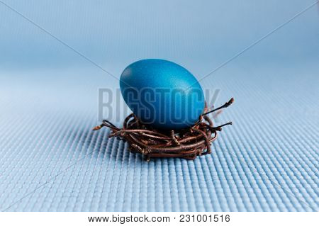 Easter Egg In The Nest On Blue Background