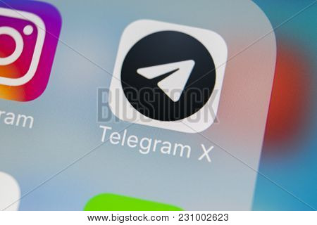 Sankt-petersburg, Russia, March 13, 2018: Telegram X Application Icon On Apple Iphone X Screen Close