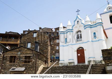 Beautiful Church With Traditional Historical Houses In Piodao, Portugal