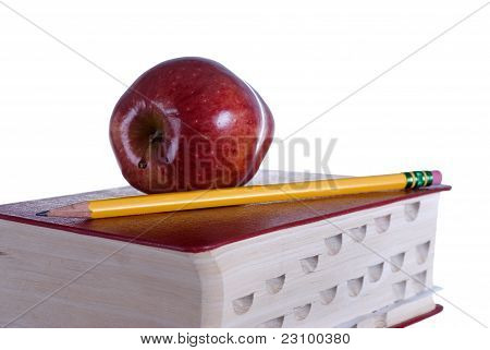 Red Book With Red Apple And Pencil