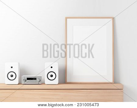 Poster Frame Mockup With Micro Component Stereo System On Shelf, 3d Rendering