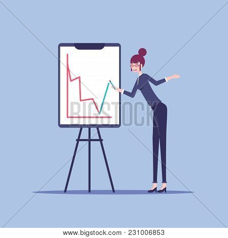 Young Businesswoman Stands Next To The Flip Chart Board Which Shows A Red Negative Graph And Woman T