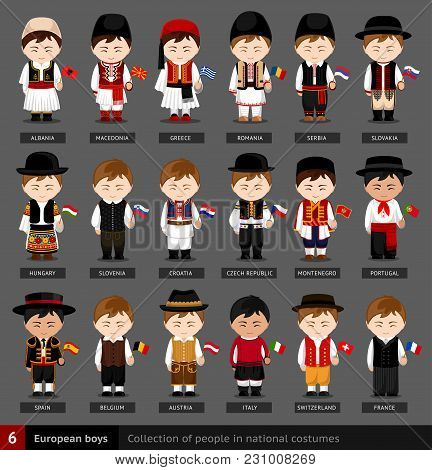 European Boys In National Dress With Flag. Set Of European Men Dressed In National Clothes. Collecti