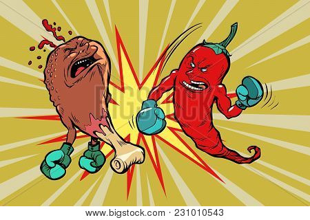 Red Pepper Beats Fast Food Fried Chicken Leg. Vegetarianism And A Healthy Lifestyle. Comic Book Cart