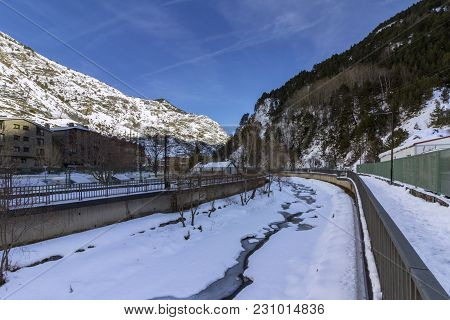 Valira River Througt Town Of Canillo Village. Principality Of Andorra.