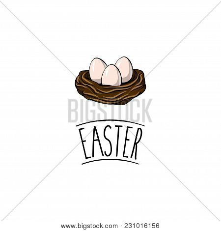 Easter Eggs. Cute Easter Greeting Card, Bird Nest And Three Eggs. Vector Illustration. Esater Greeti