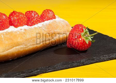 Summer Food. Strawberry Doughnut. Sweet Cream Donut Cake On Colorful Background. Vibrant Summer Colo