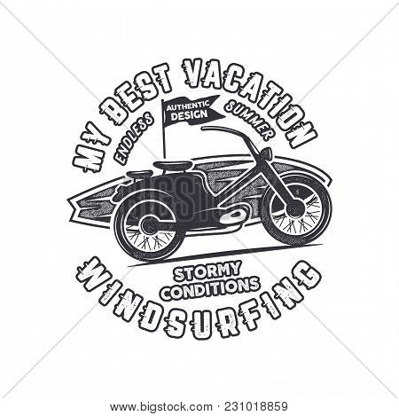 Vintage Hand Drawn Windsurfing Tee. Surfing Logo Graphic Design. Summer Travel T Shirt, Poster Conce