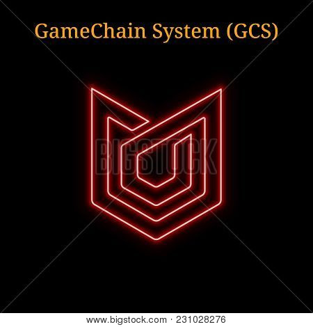 Red Neon Gamechain System (gcs) Cryptocurrency Symbol. Vector Illustration Eps10 Isolated On Black B