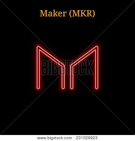Red Neon Maker (mkr) Cryptocurrency Symbol. Vector Illustration Eps10 Isolated On Black Background
